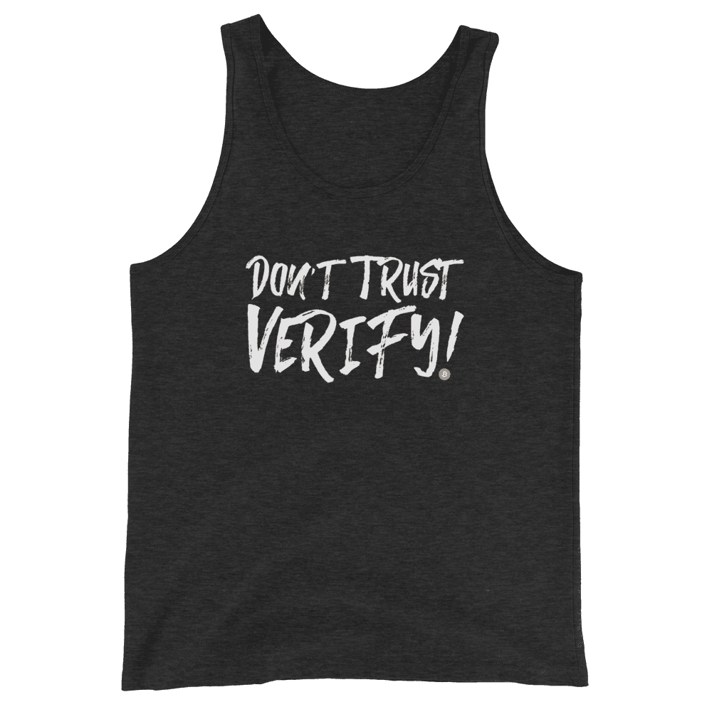 Front view of a charcoal black bitcoin tank top.