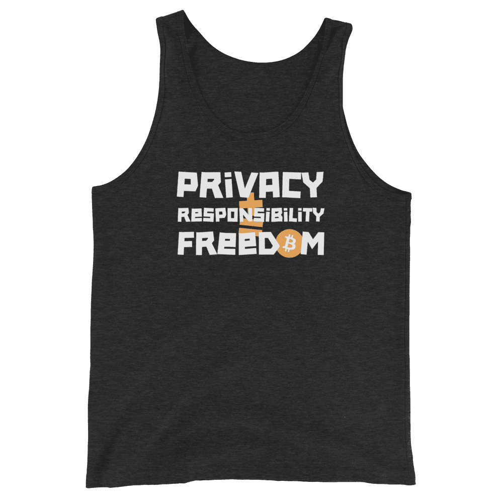 Front view of a charcoal black bitcoin tank top.