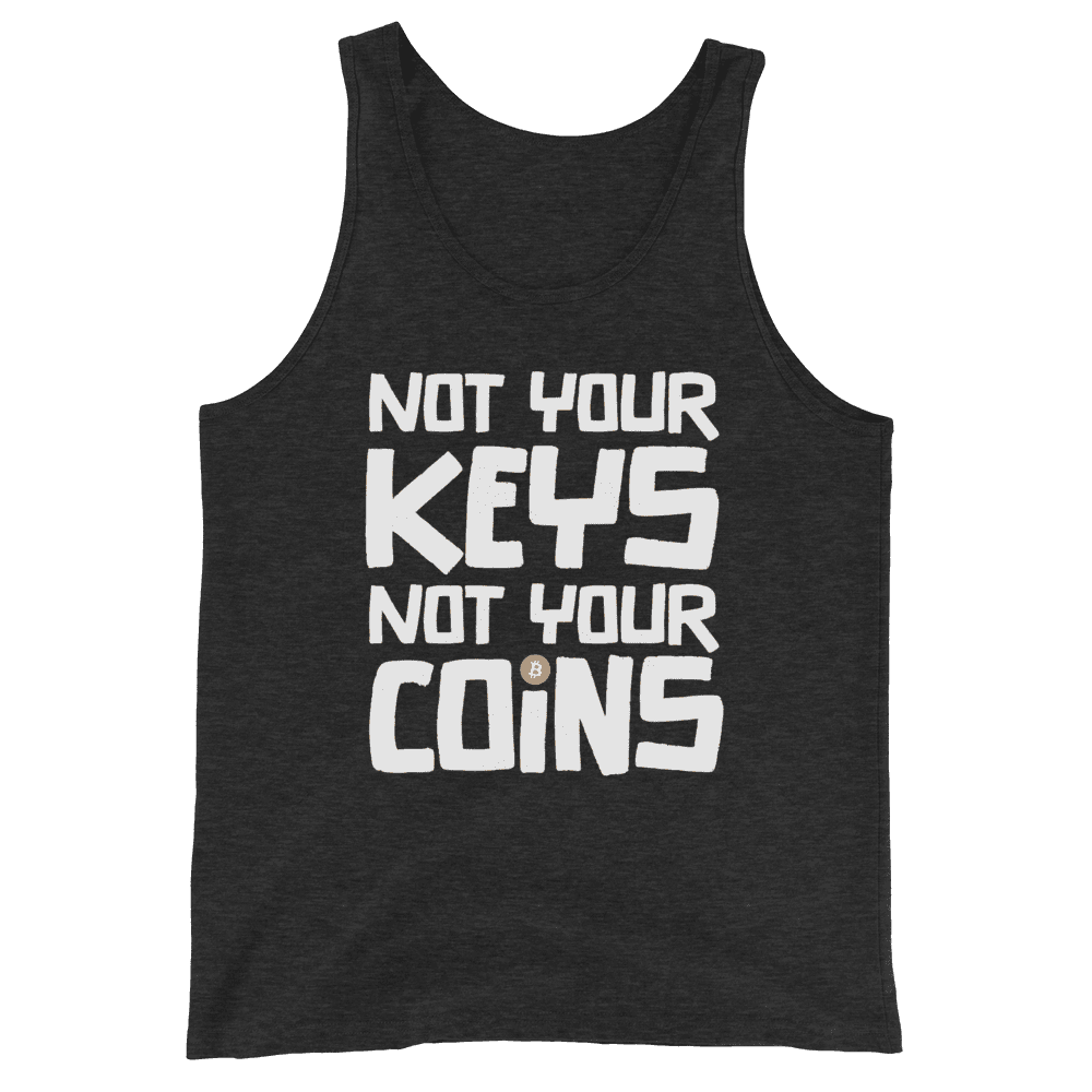 Front view of a charcoal black bitcoin tank top.
