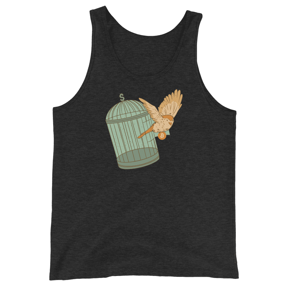 Front view of a charcoal black bitcoin tank top.