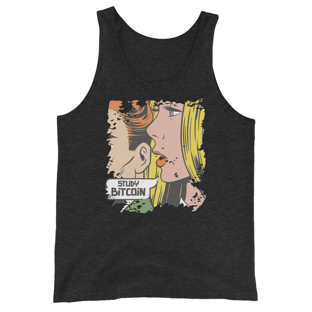 Front view of a charcoal black bitcoin tank top.
