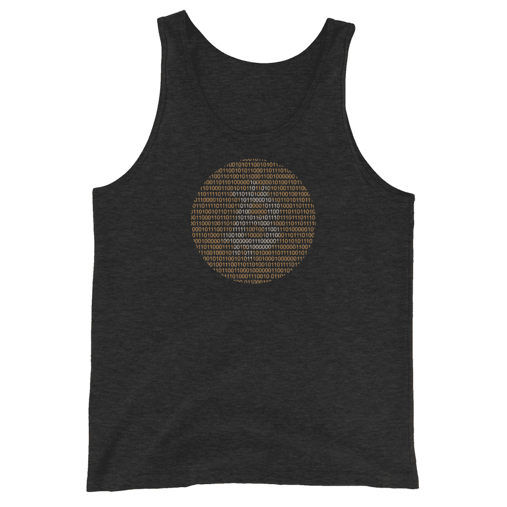 Front view of a charcoal black bitcoin tank top.