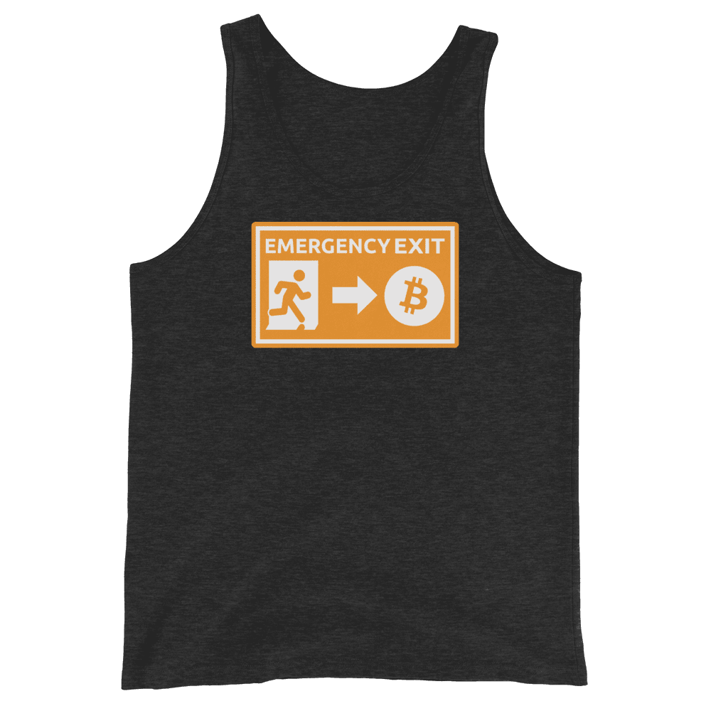 Front view of a charcoal black bitcoin tank top.