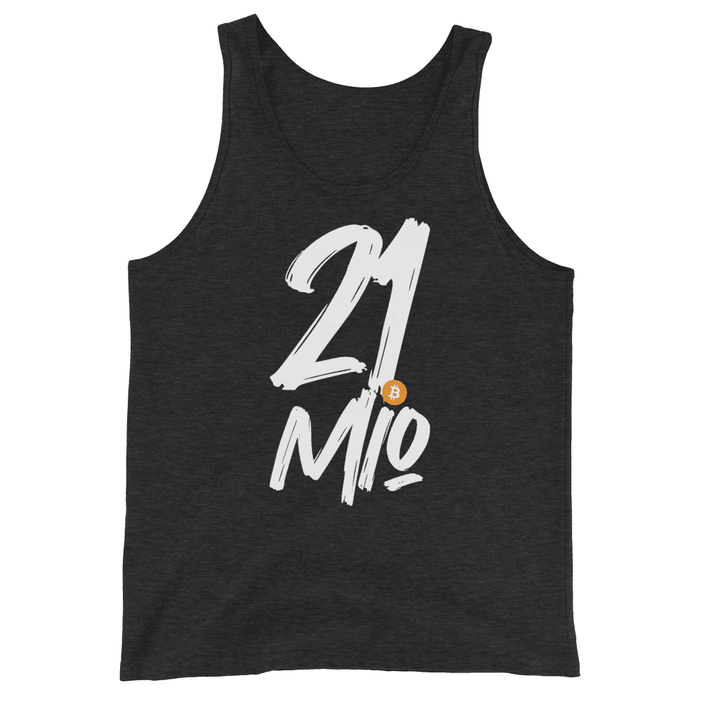 Front view of a charcoal black bitcoin tank top.