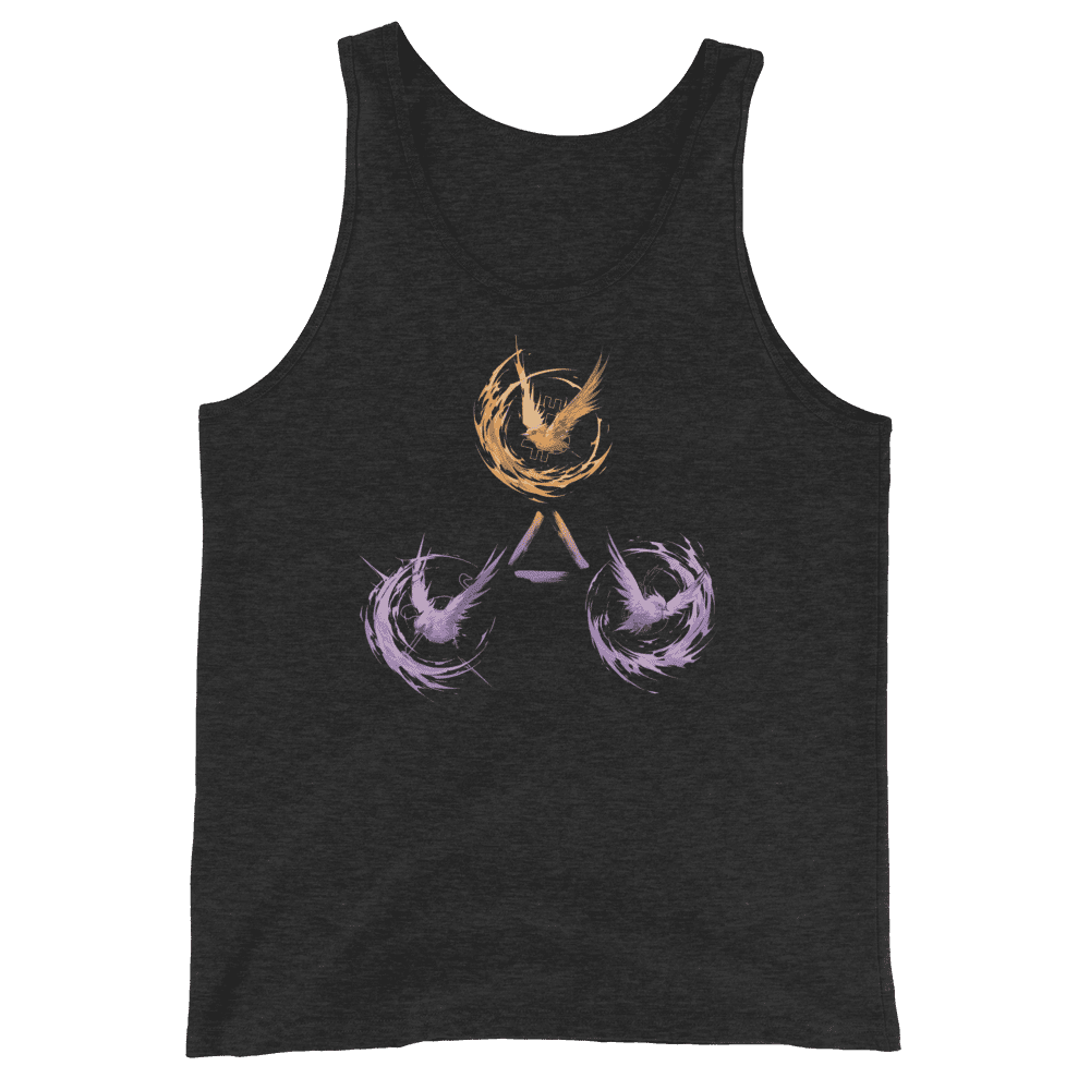 Front view of a charcoal black bitcoin tank top.
