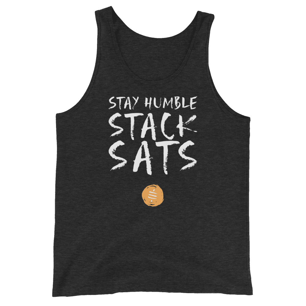 Front view of a charcoal black bitcoin tank top.