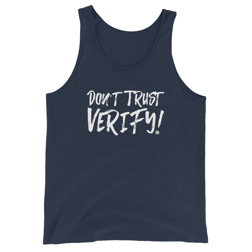 Front view of a navy colored bitcoin tank top.