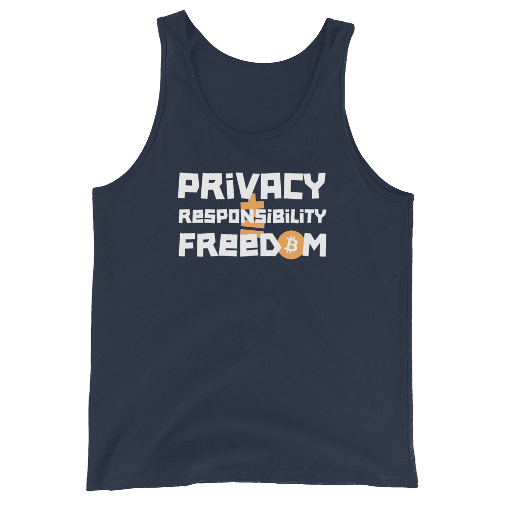 Front view of a navy colored bitcoin tank top.