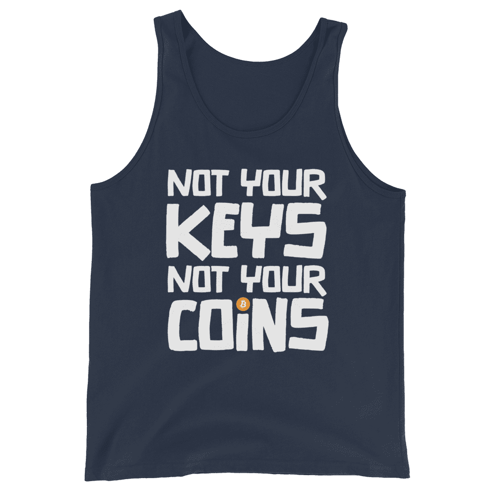 Front view of a navy colored bitcoin tank top.