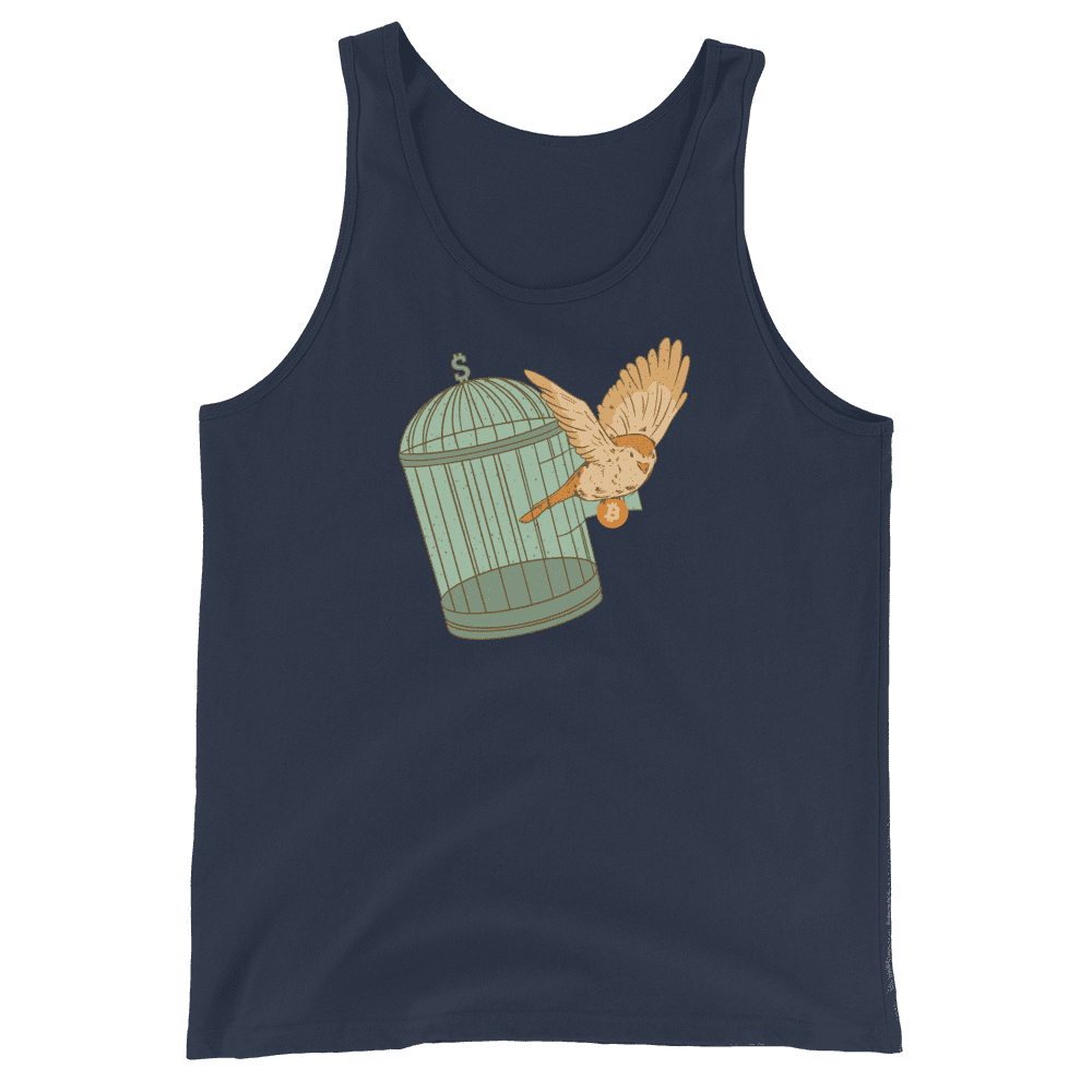Front view of a navy colored bitcoin tank top.