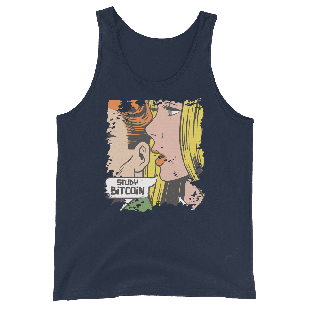 Front view of a navy colored bitcoin tank top.