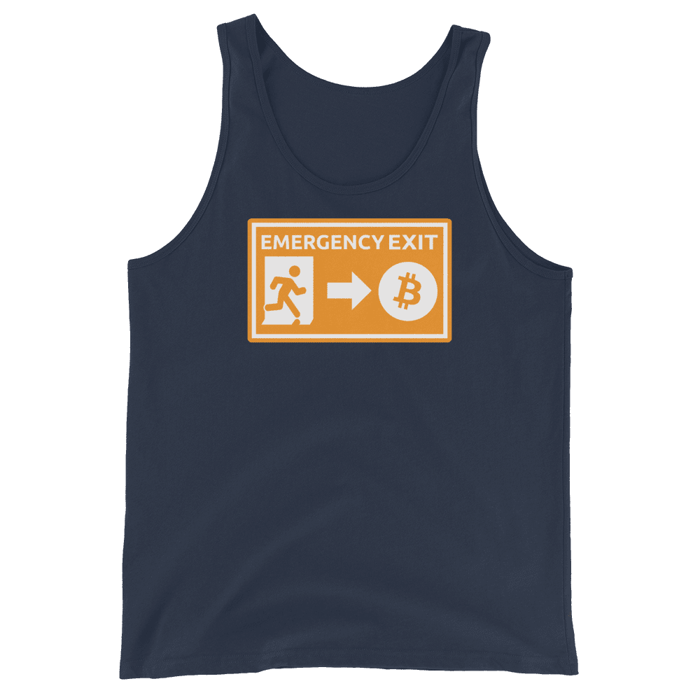 Front view of a navy colored bitcoin tank top.