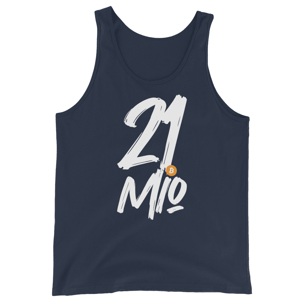Front view of a navy colored bitcoin tank top.