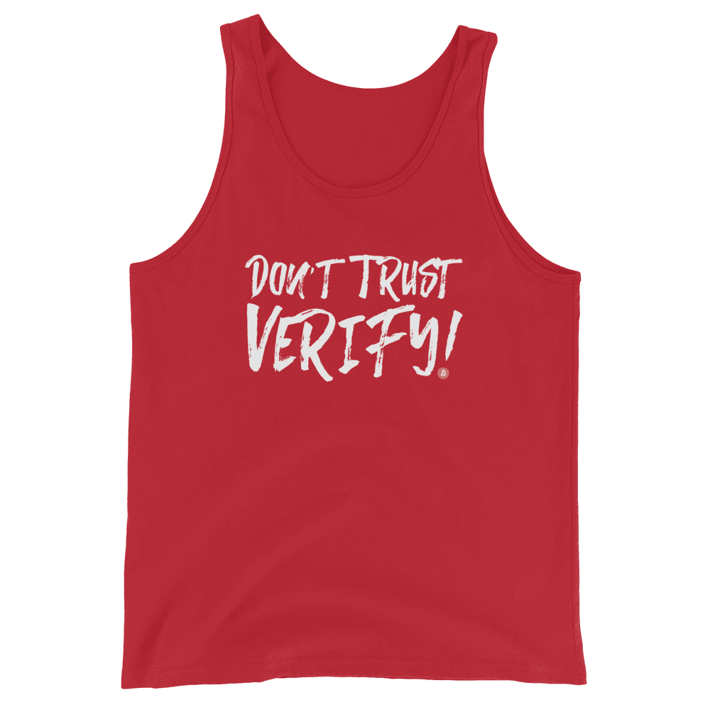 Front view of a red bitcoin tank top.