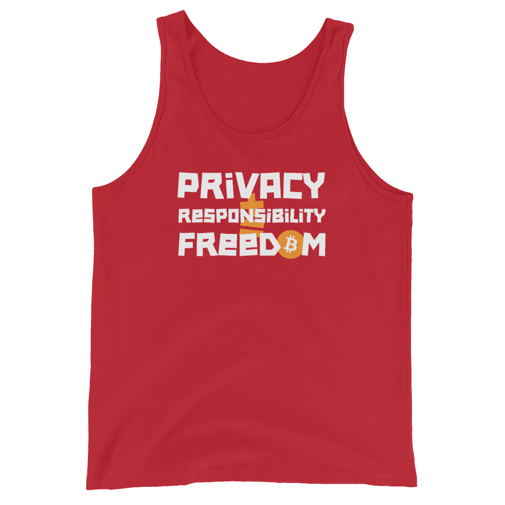 Front view of a red bitcoin tank top.