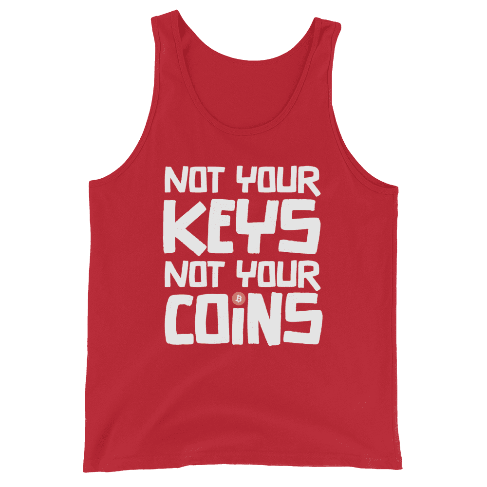 Front view of a red bitcoin tank top.