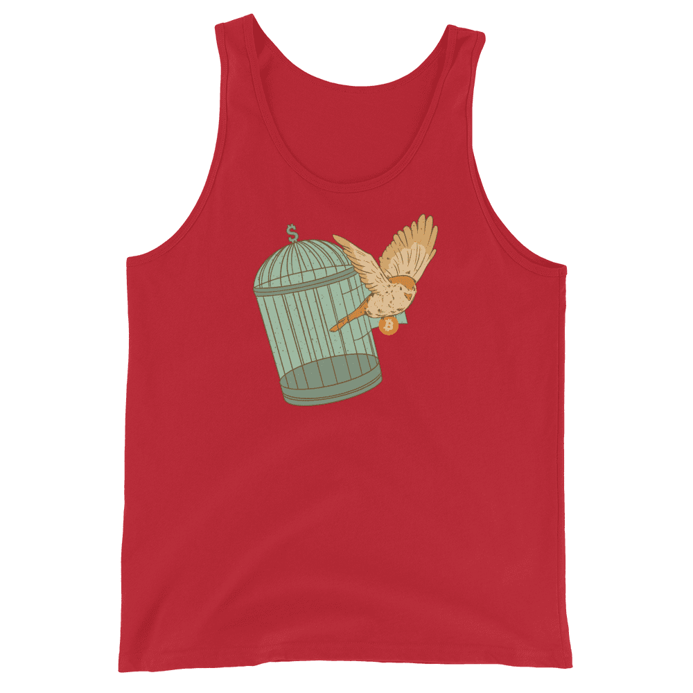 Front view of a red bitcoin tank top.