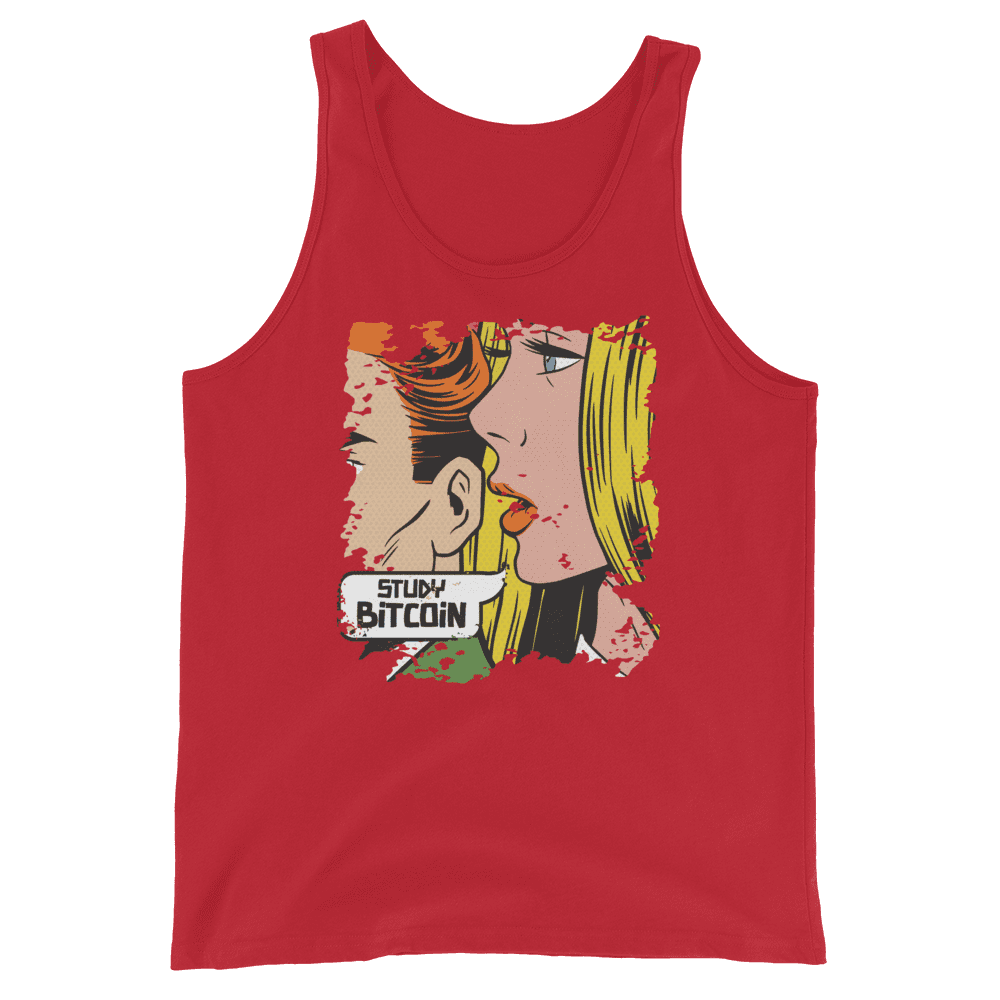 Front view of a red bitcoin tank top.