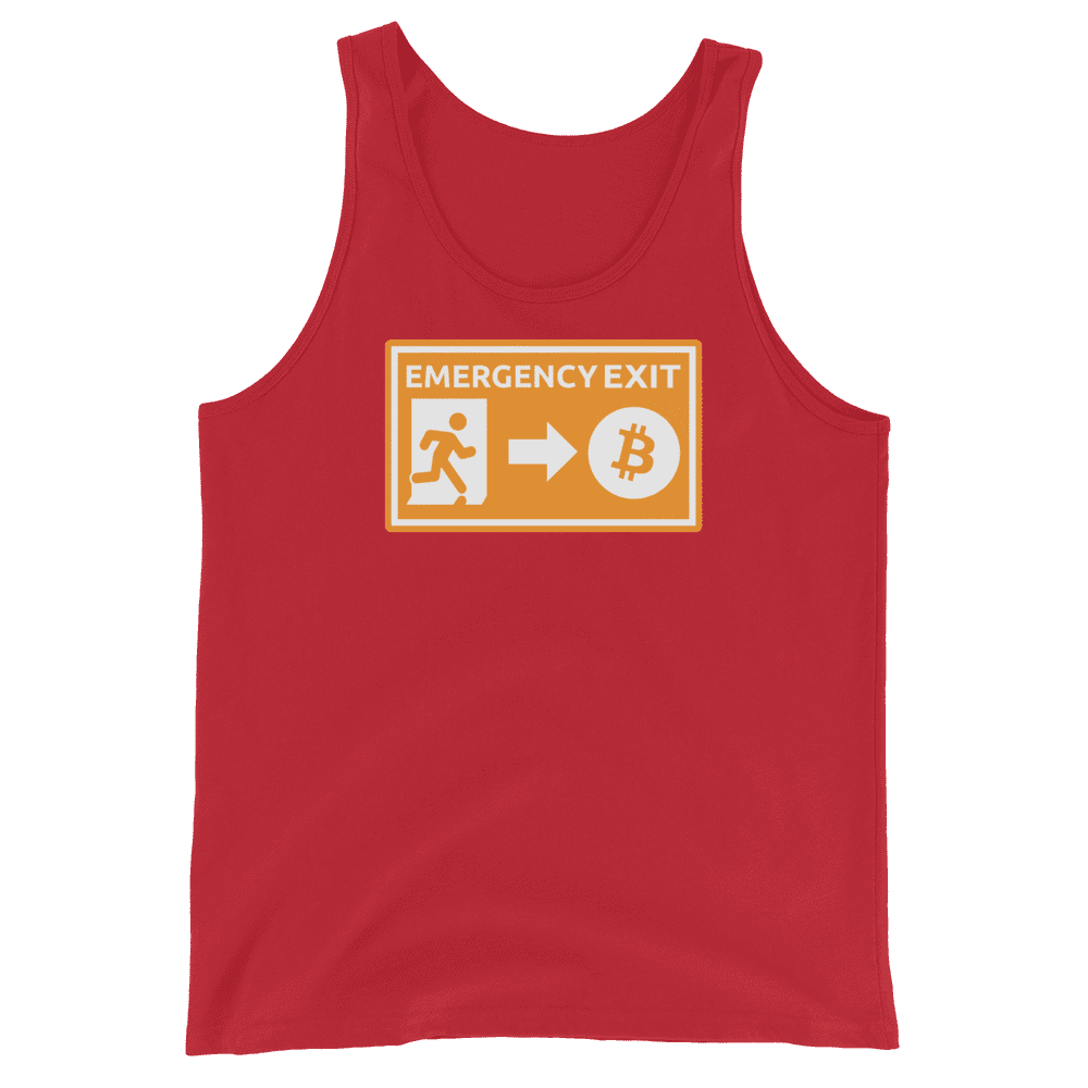 Front view of a red bitcoin tank top.
