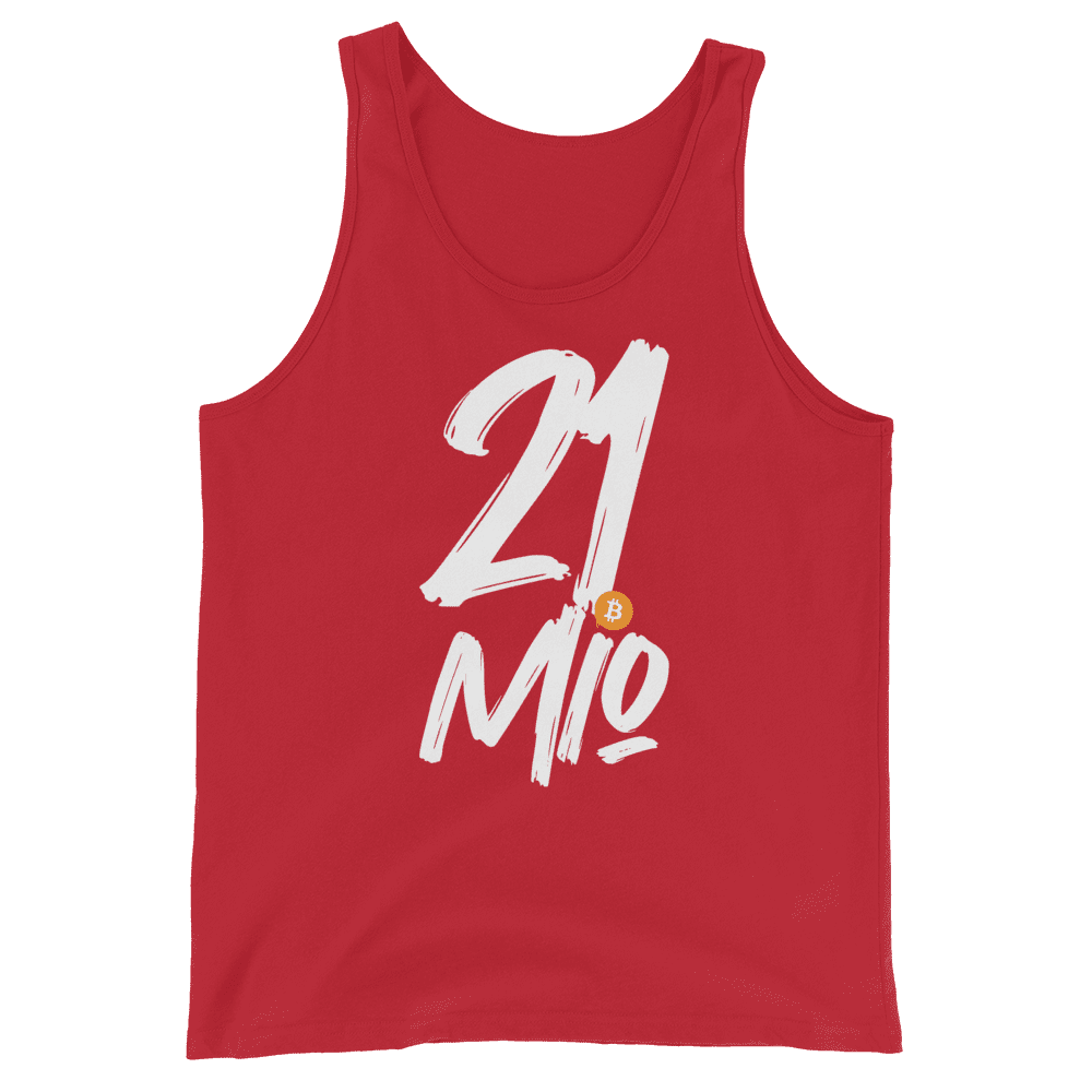 Front view of a red bitcoin tank top.
