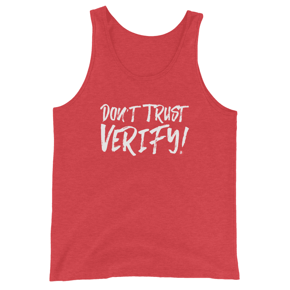 Front view of a red triblend bitcoin tank top.