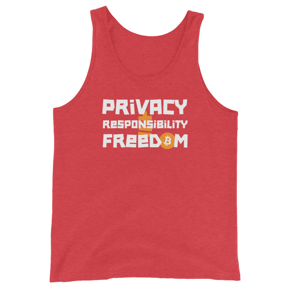 Front view of a red triblend bitcoin tank top.
