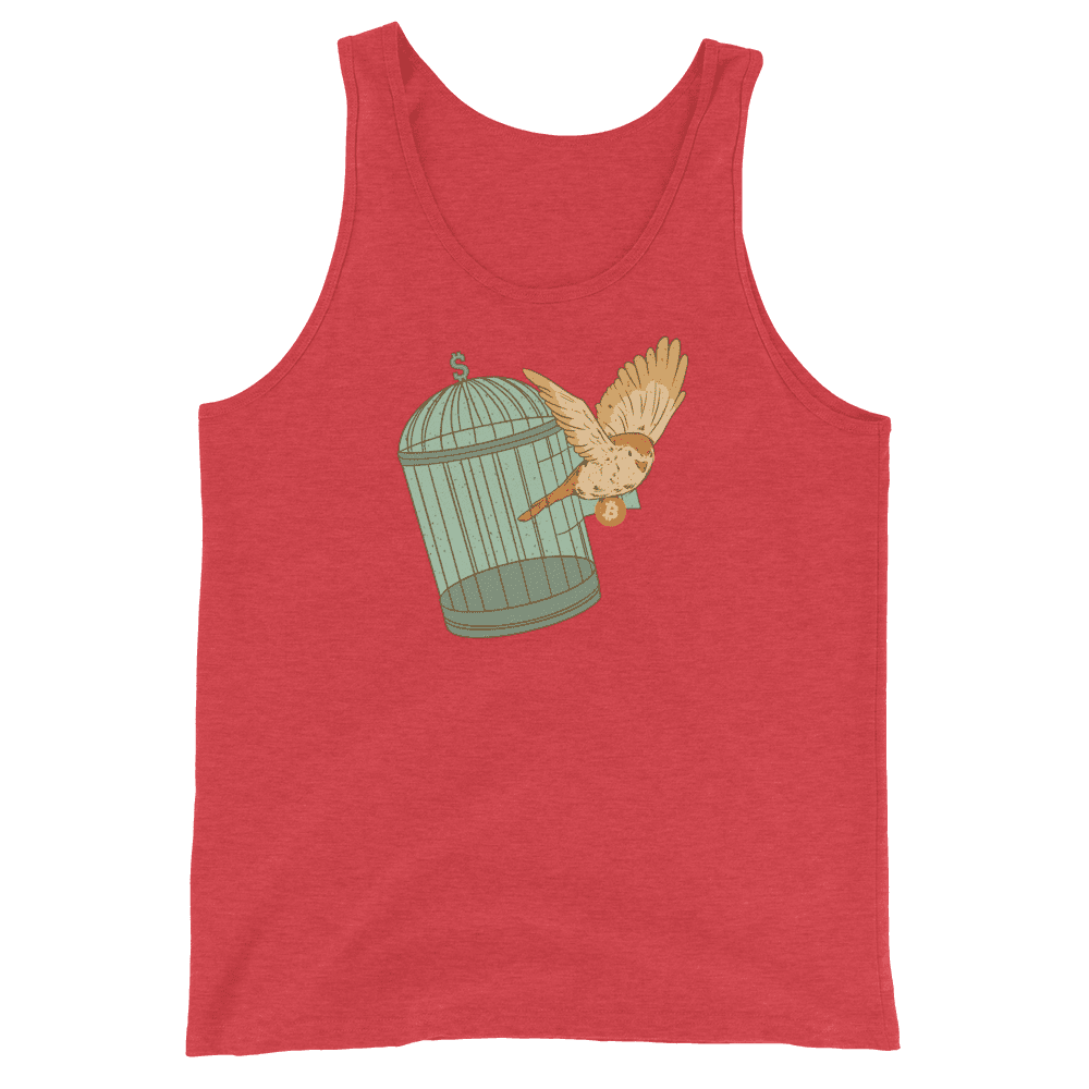 Front view of a red triblend bitcoin tank top.