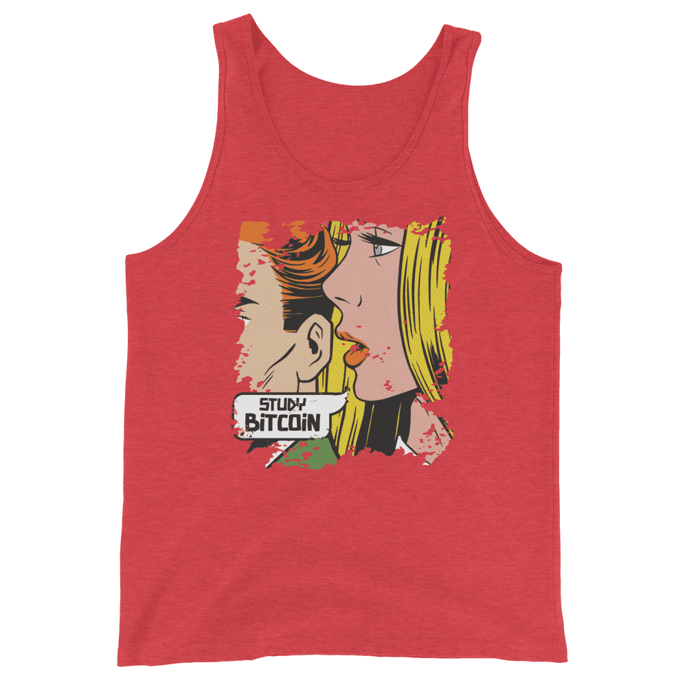 Front view of a red triblend bitcoin tank top.