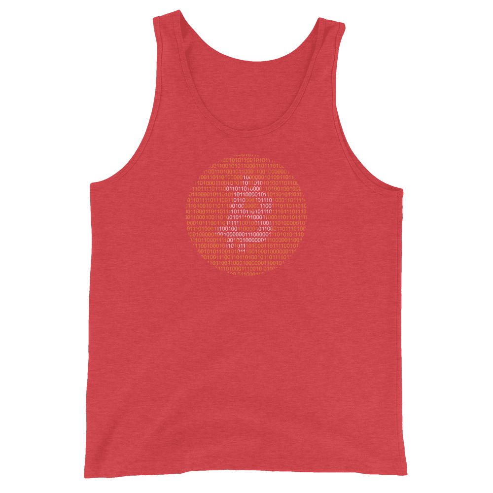 Front view of a red triblend bitcoin tank top.