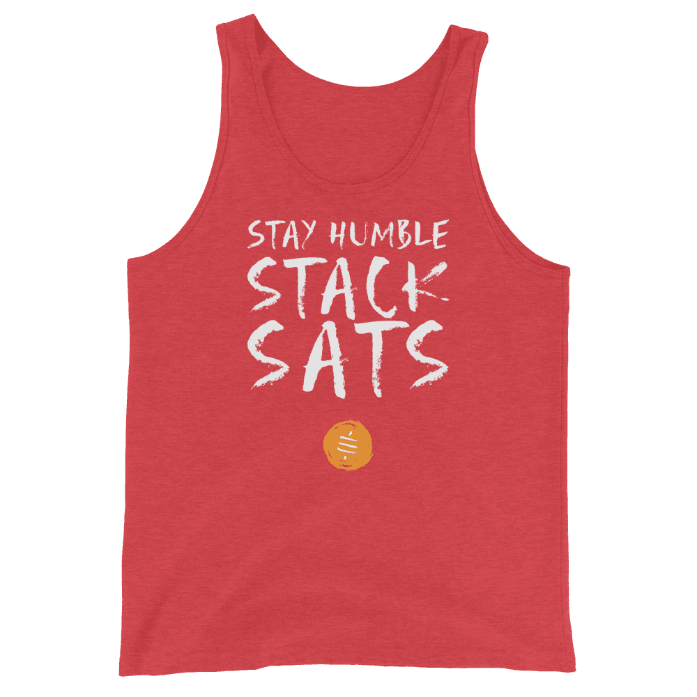 Front view of a red triblend bitcoin tank top.