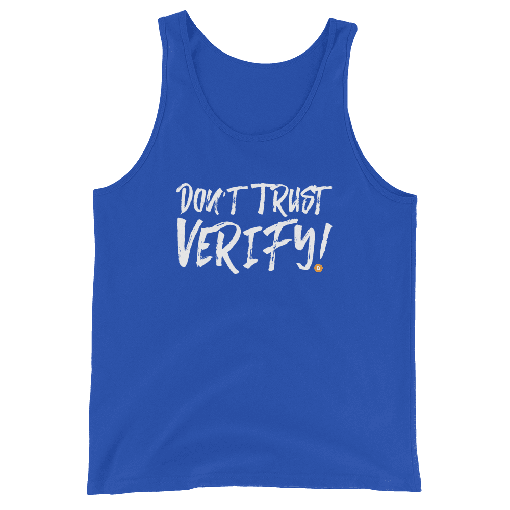 Front view of a royal blue bitcoin tank top.