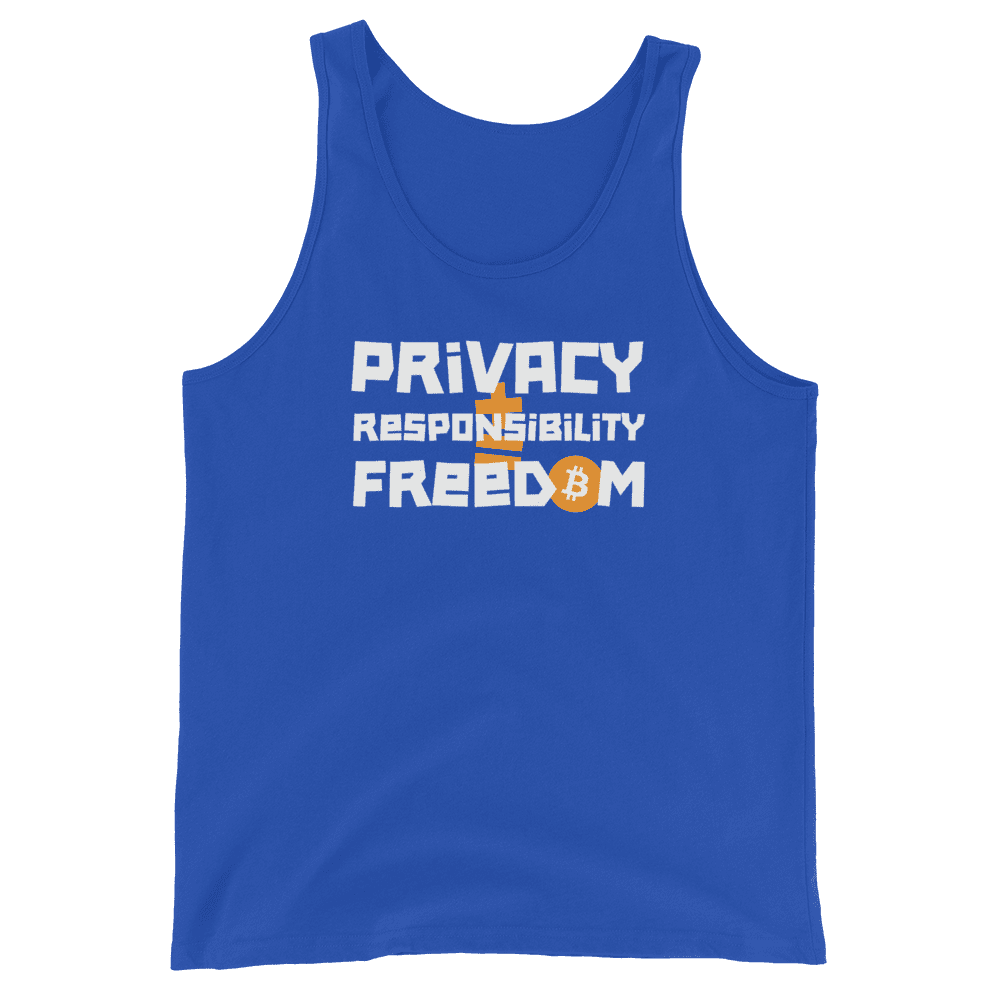 Front view of a royal blue bitcoin tank top.
