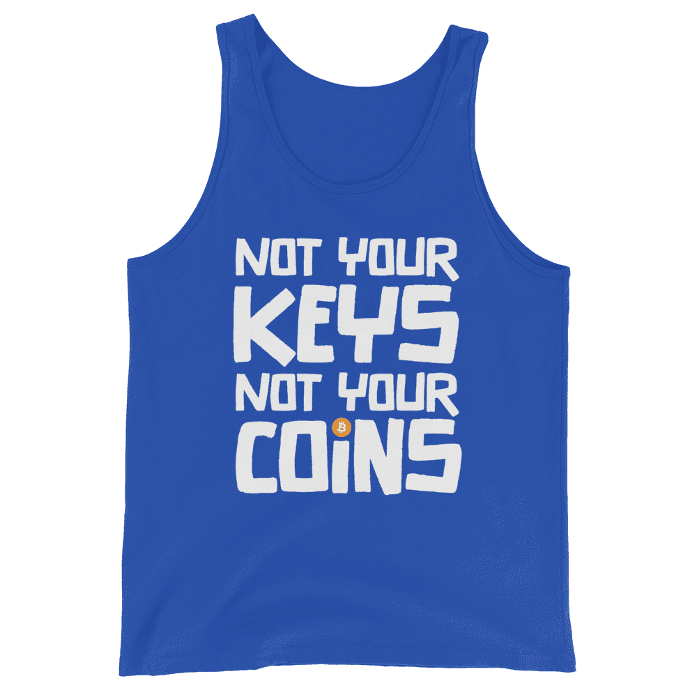 Front view of a royal blue bitcoin tank top.