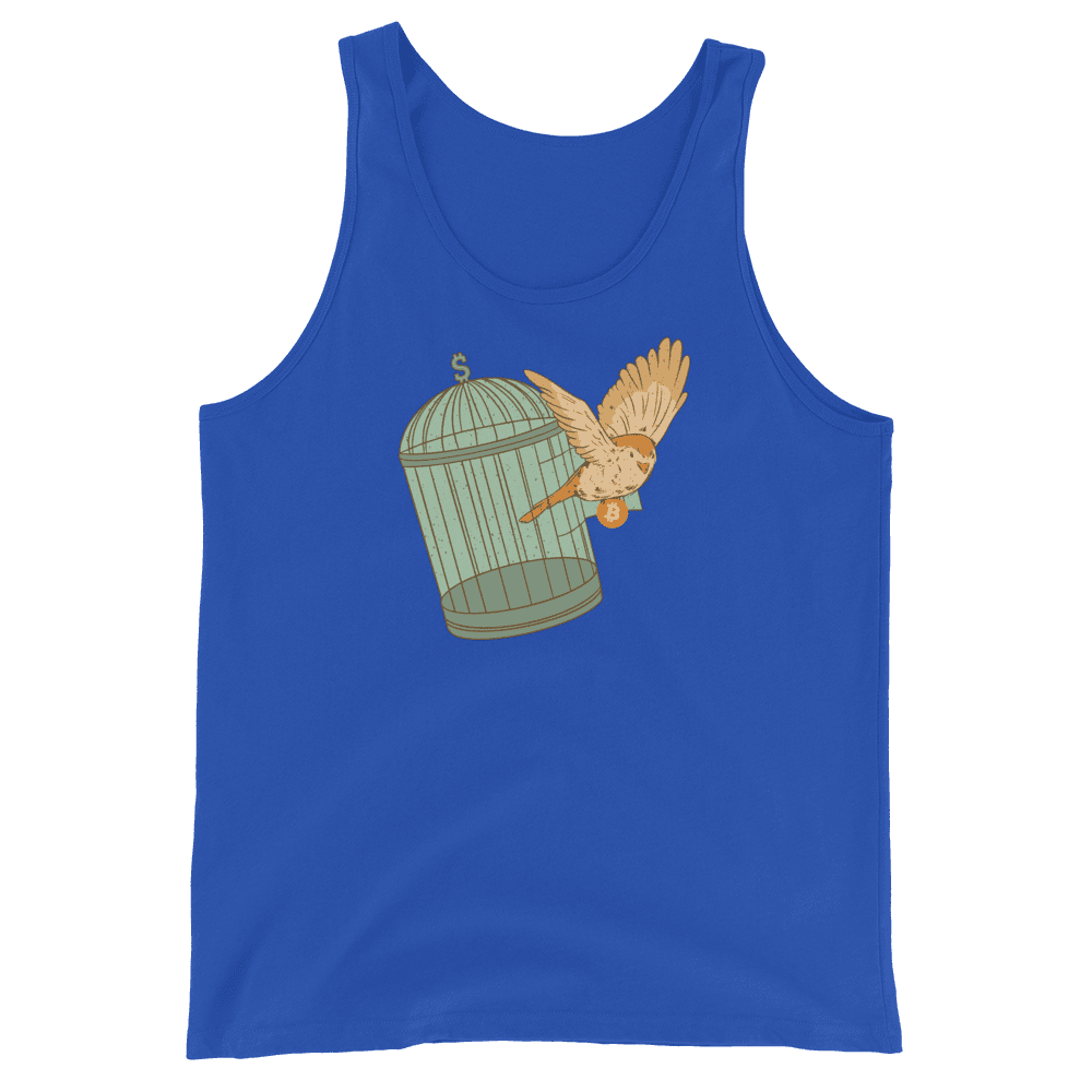 Front view of a royal blue bitcoin tank top.