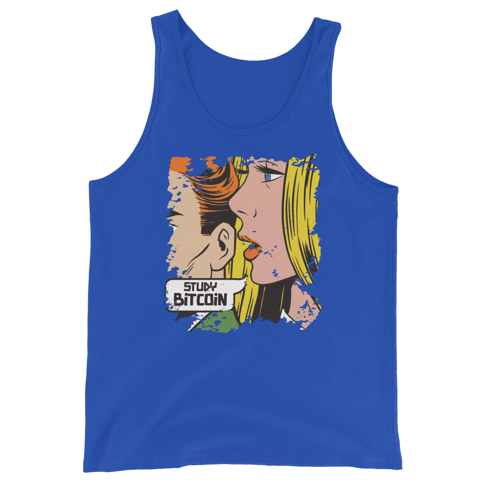 Front view of a royal blue bitcoin tank top.