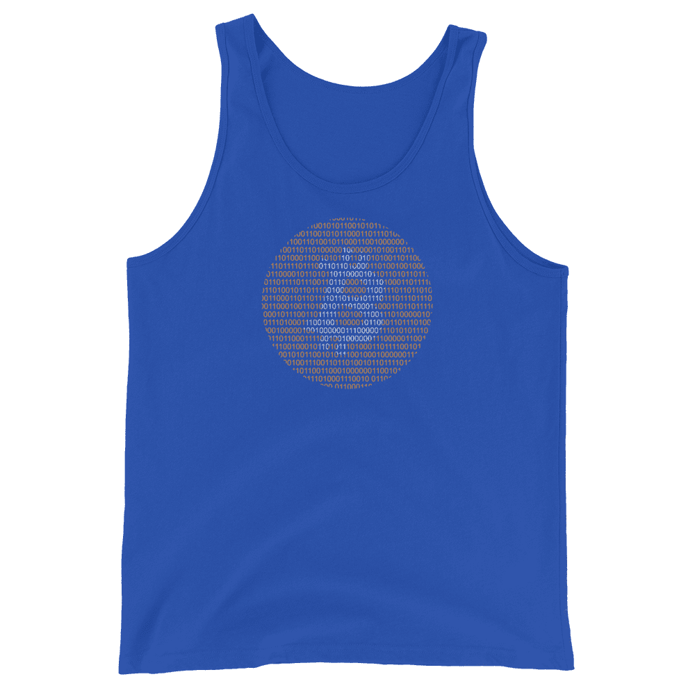 Front view of a royal blue bitcoin tank top.