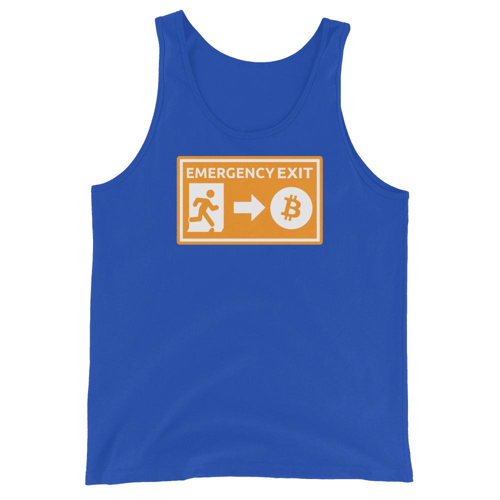 Front view of a royal blue bitcoin tank top.