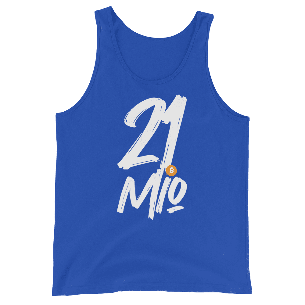 Front view of a royal blue bitcoin tank top.
