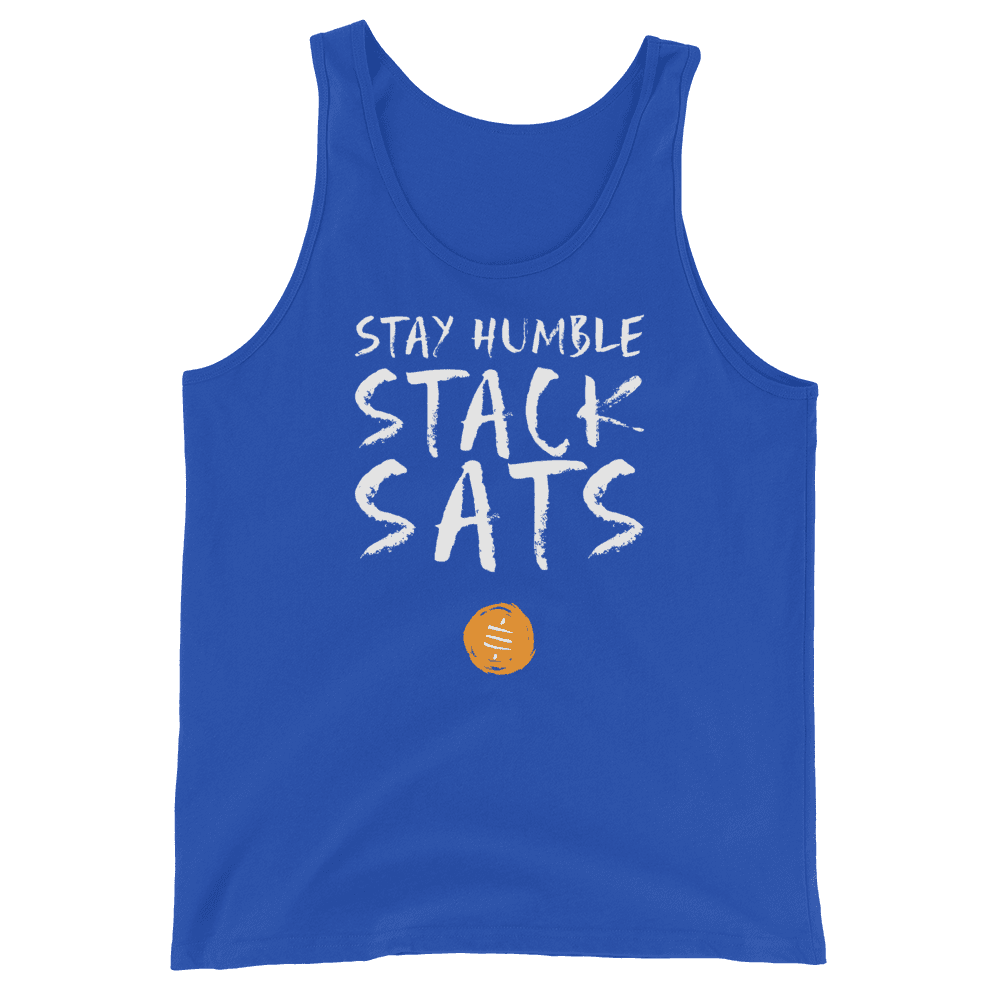 Front view of a royal blue bitcoin tank top.
