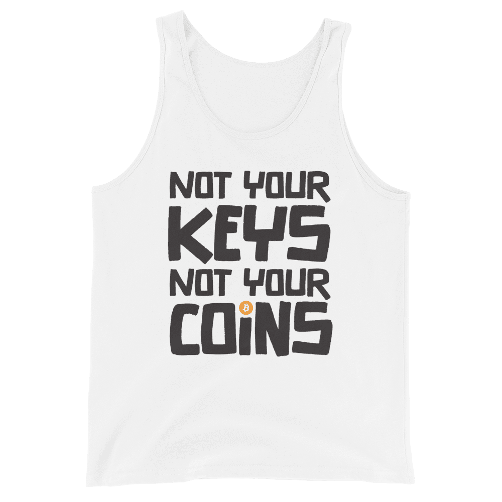 Front view of a white bitcoin tank top.