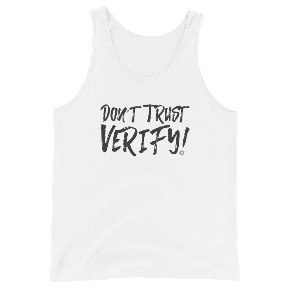 Front view of a white bitcoin tank top.