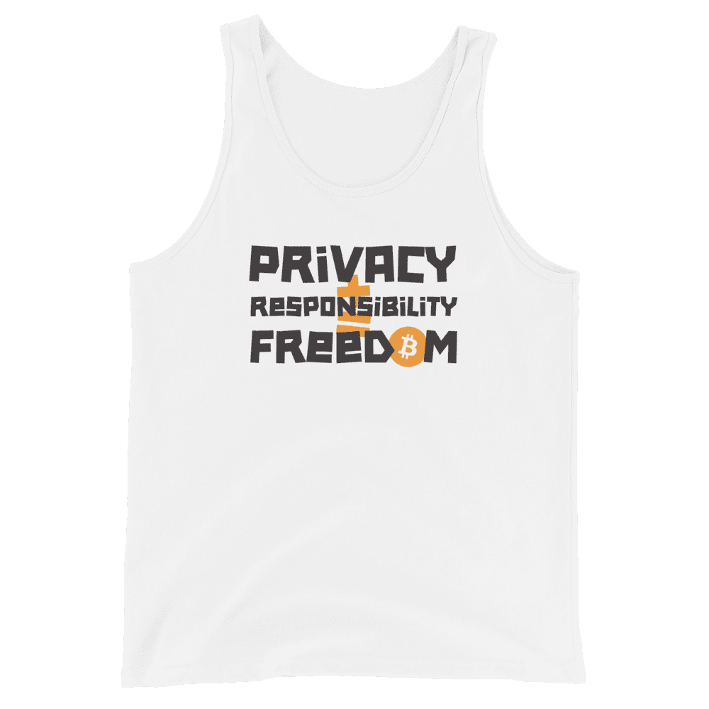 Front view of a white bitcoin tank top.