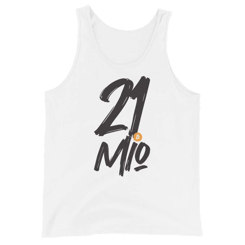 Front view of a white bitcoin tank top.