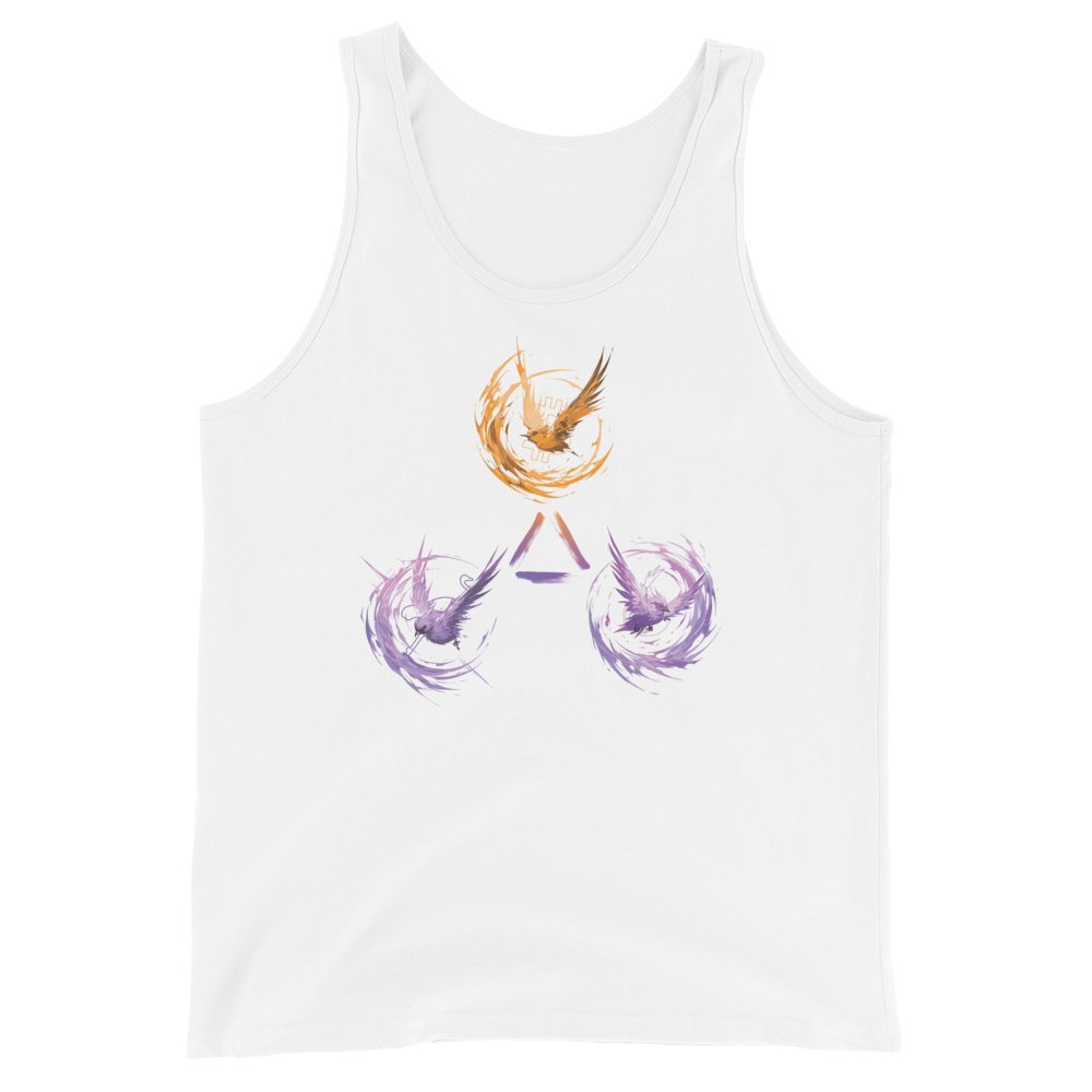 Front view of a white bitcoin tank top.