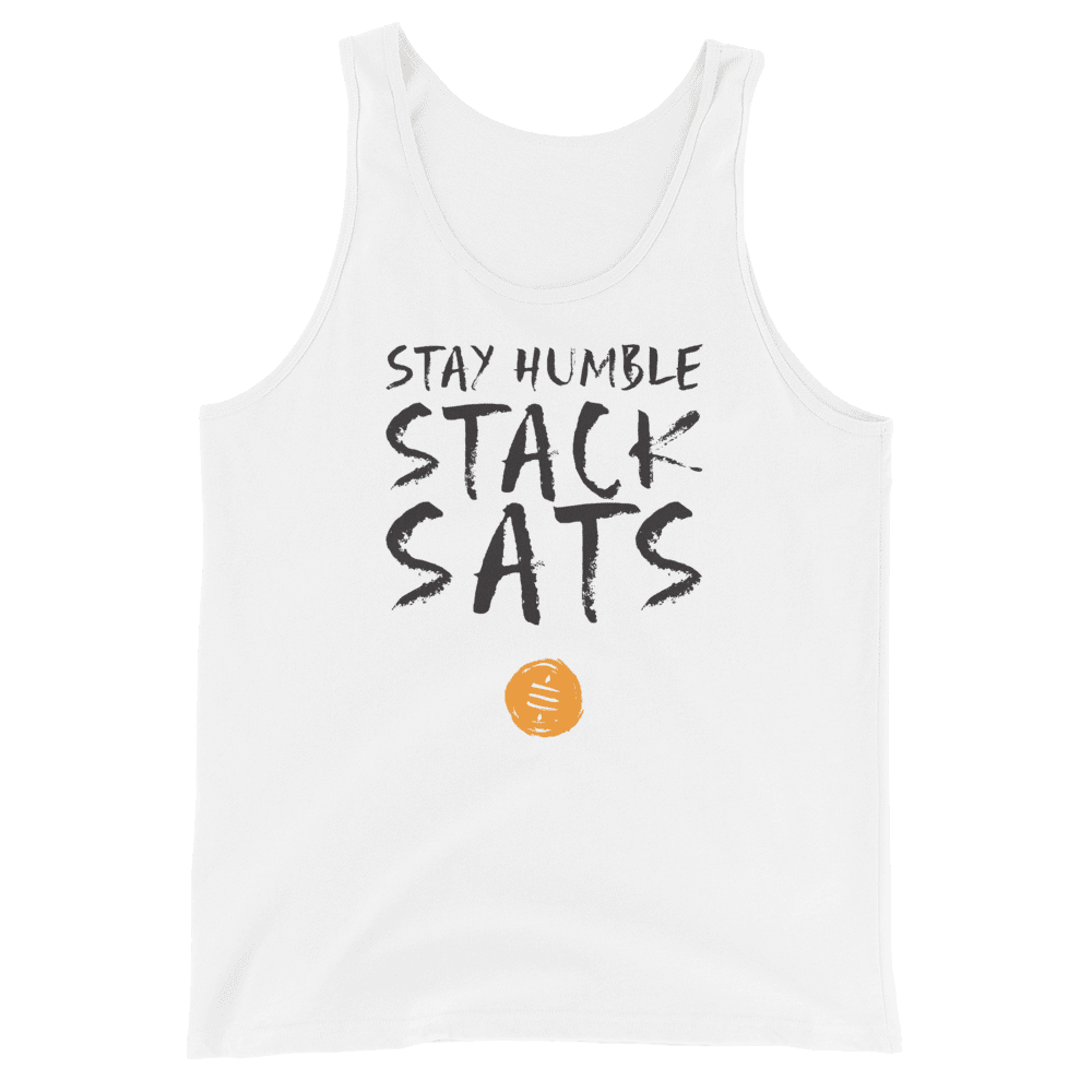 Front view of a white bitcoin tank top.