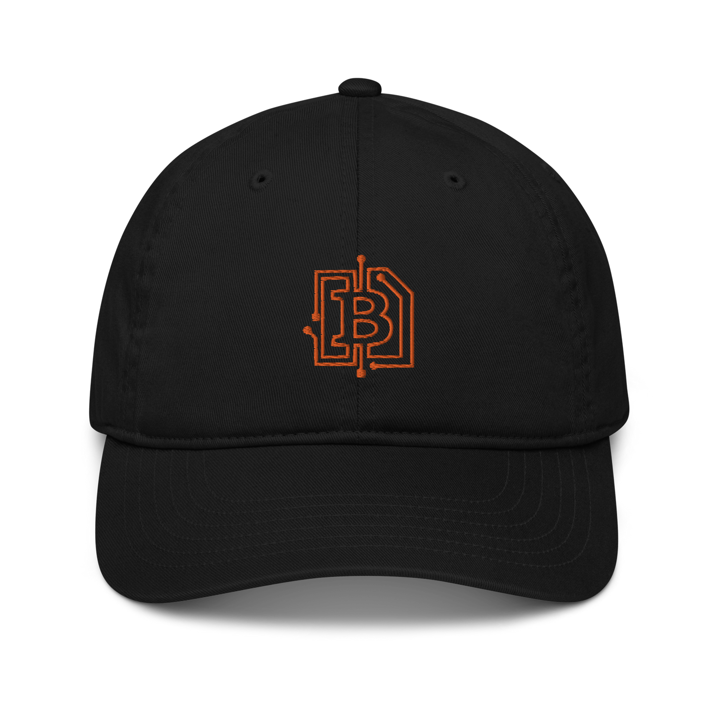 Front view of a black bitcoin dad hat.