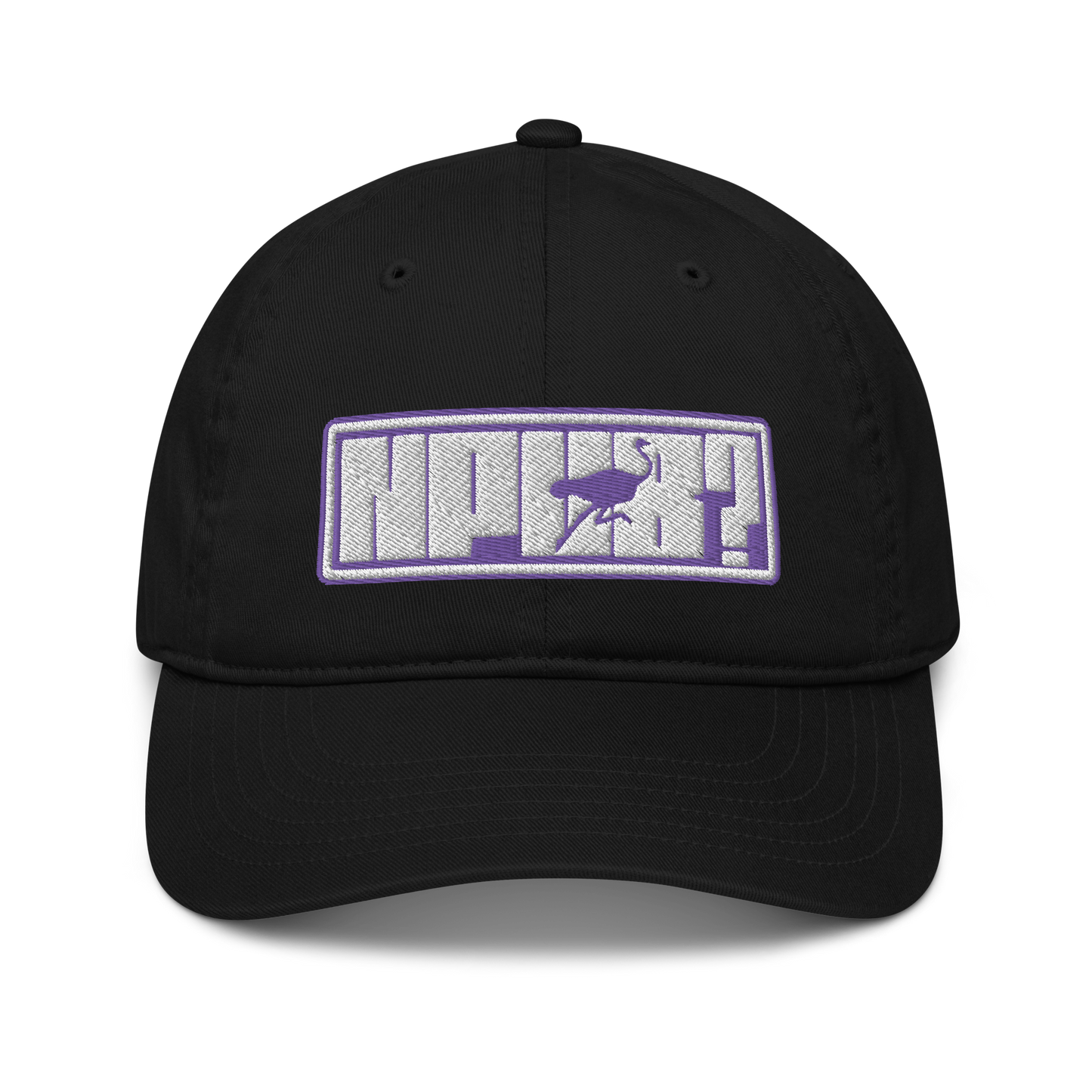 Front view of a black nostr dad hat.