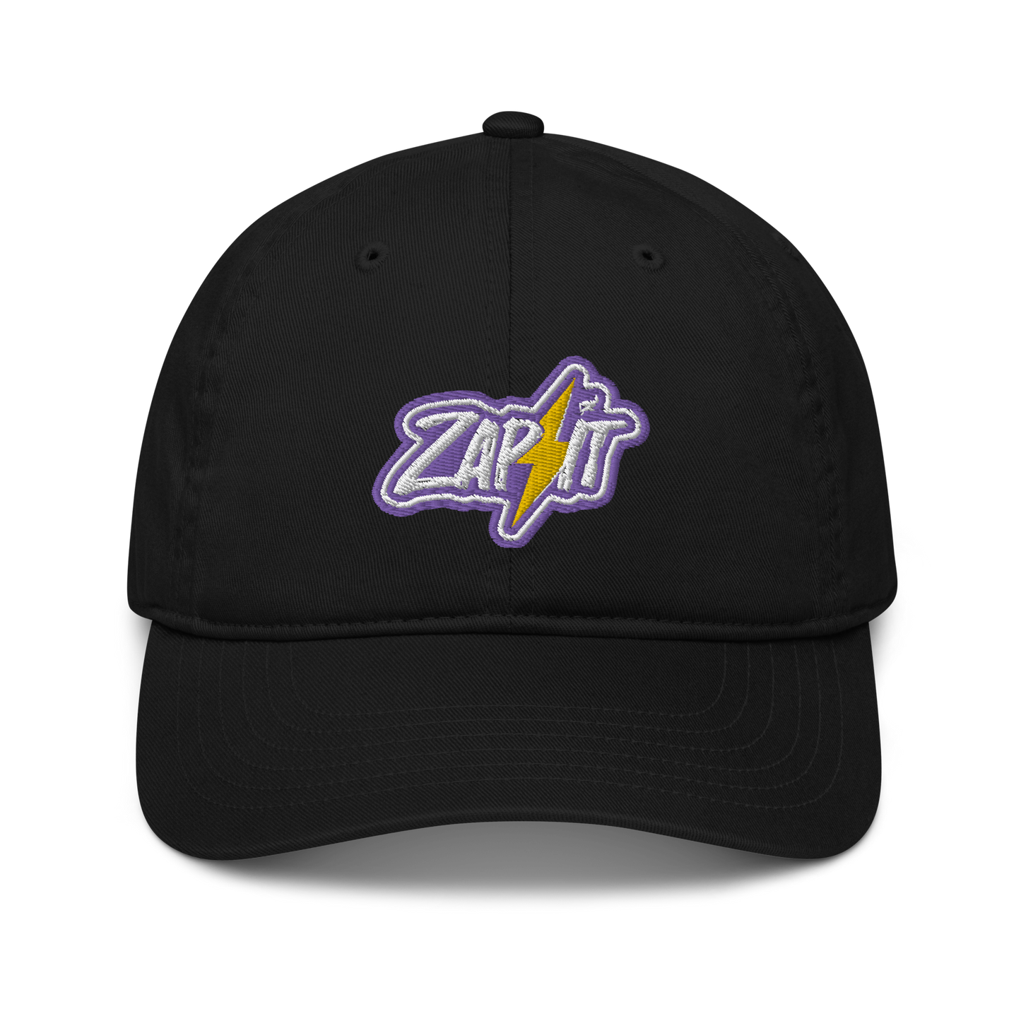 Front view of a black nostr dad hat.