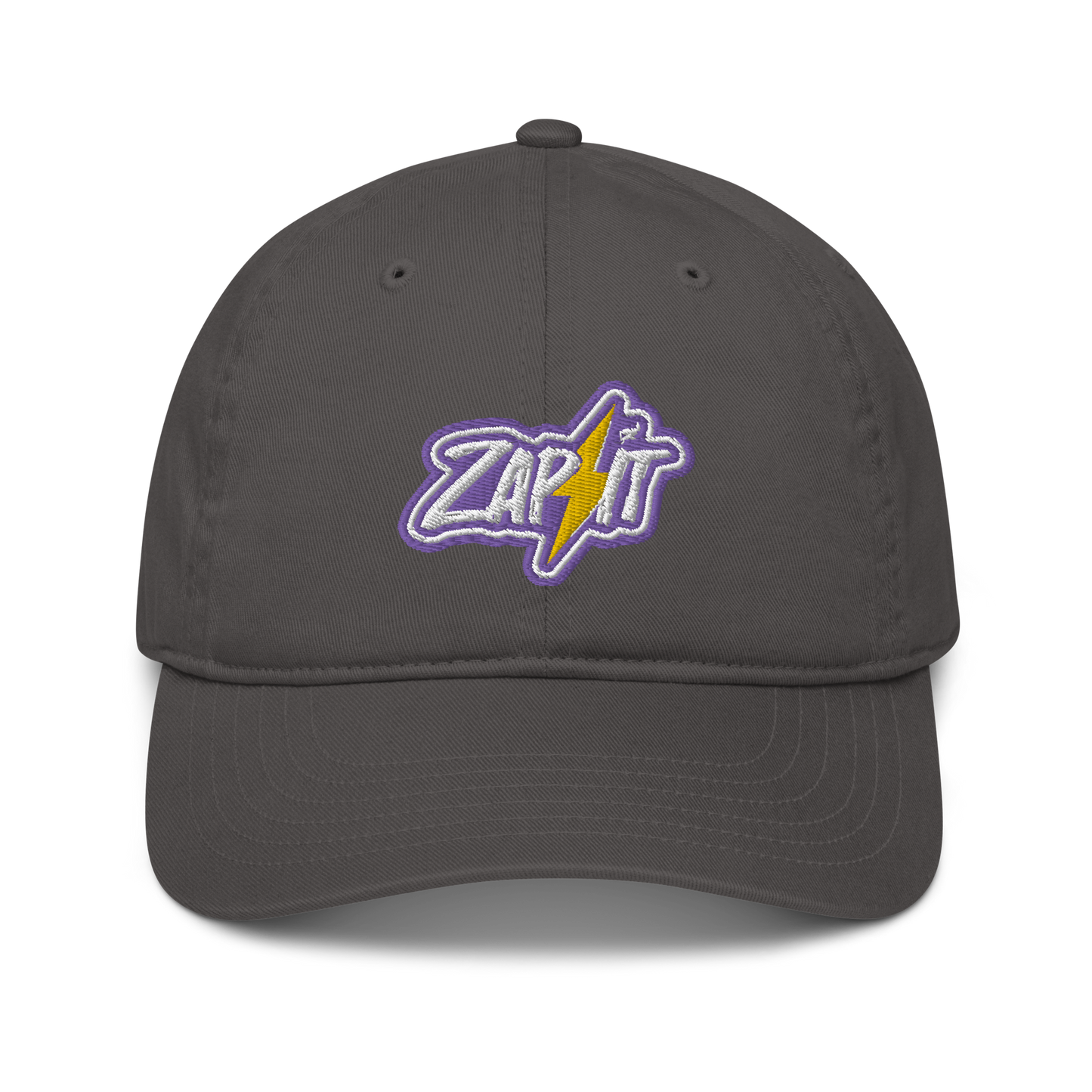 Front view of a charcoal grey nostr dad hat.