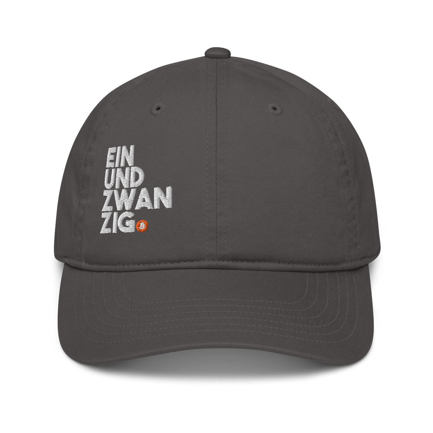 Front view of a charcoal grey bitcoin dad hat.